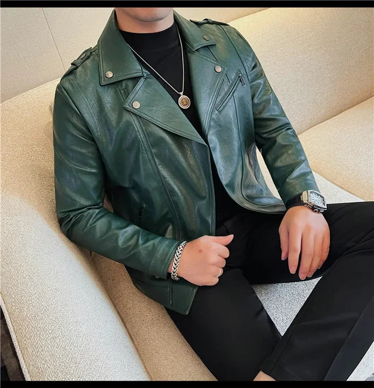 Men High Quality Faux Leather Jacket Vintage Oblique Zipper  Slim Fit Motorcycle Outwear Male Autumn Winter PU Leather Coats