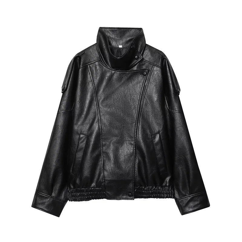 HXAO Women's Faux Leather Jacket Short Coat Black Bomber Jackets For Woman Loose Winter Outerwear High Neck Aviator Jackets