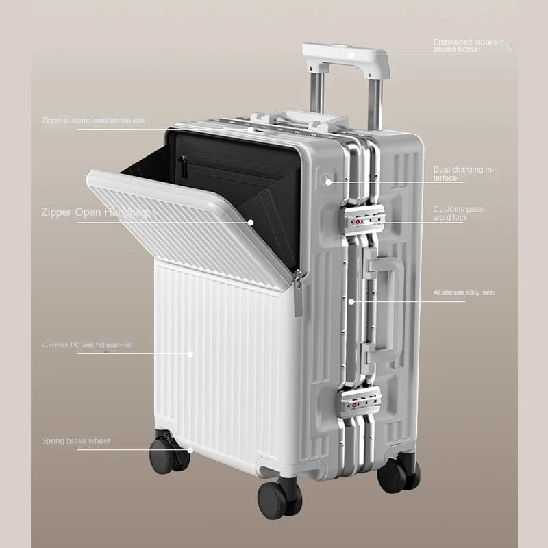 Front-opening Luggage with 24-inch Multi-functional Cup Holder Portable 20-inch Carry-on Suitcase 26-inch Large Capacity