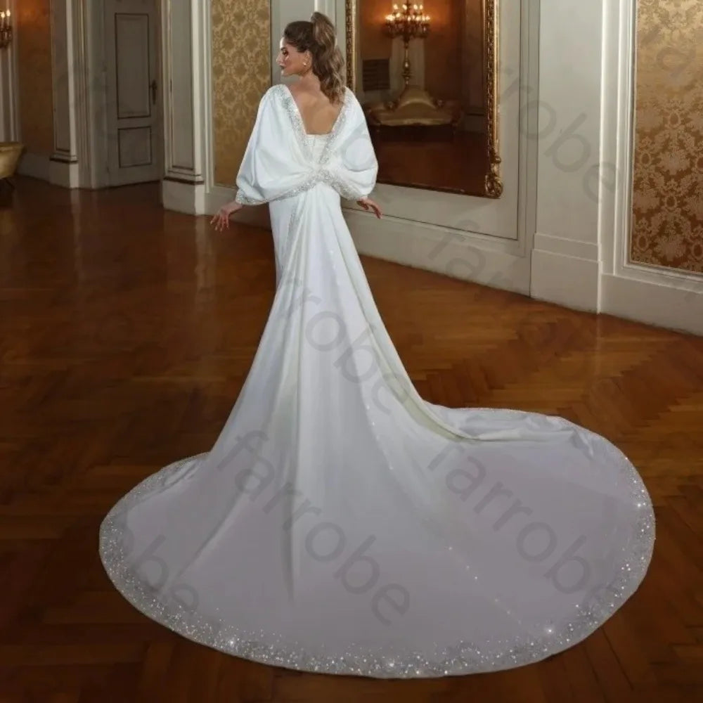 Customized 2026 Luxury Satin Mermaid Wedding Dress Full Sleeve Beaded Sweetheart Neckline Detachable Train Elegant Bridal Gown