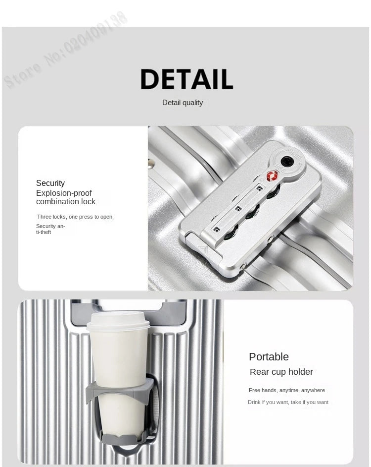 New 20'' Boarding Box Front Opening Suitcase Aluminium Frame 24/27 inch Rolling Luggage with Cup Holder Mobile Phone Holder