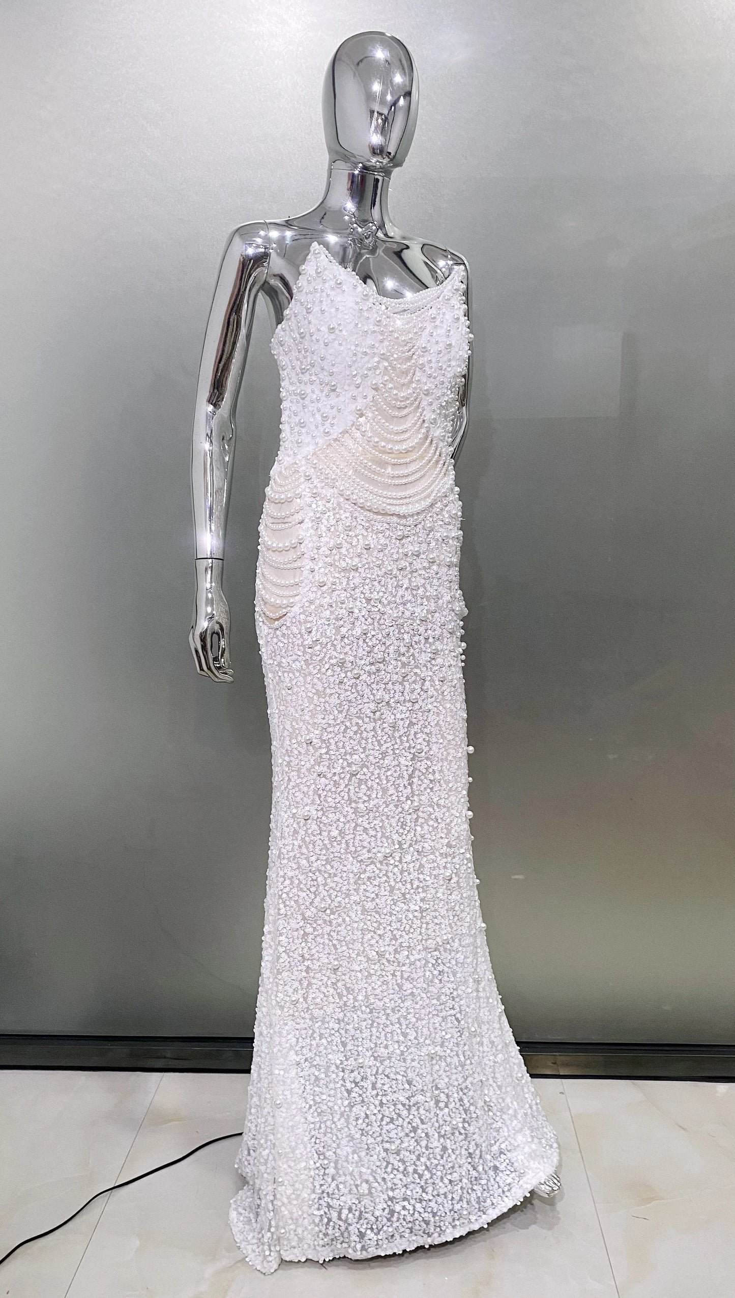 Luxury Pearl String Sexy See Through White Sequins Long Dress Elegant Woman Wedding Party Dress Red Carpet Goddess Vestido