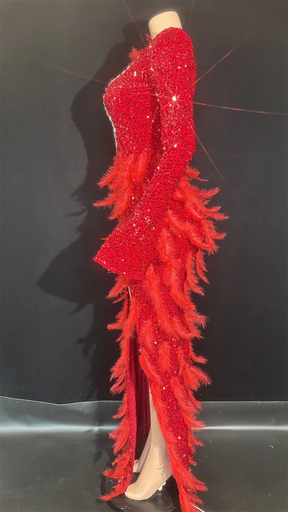 Sparkly Diamonds Feather Red High Slit Wedding Party Gown Luxury Evening Celebrate Performance Singer Costume Festival Dresses