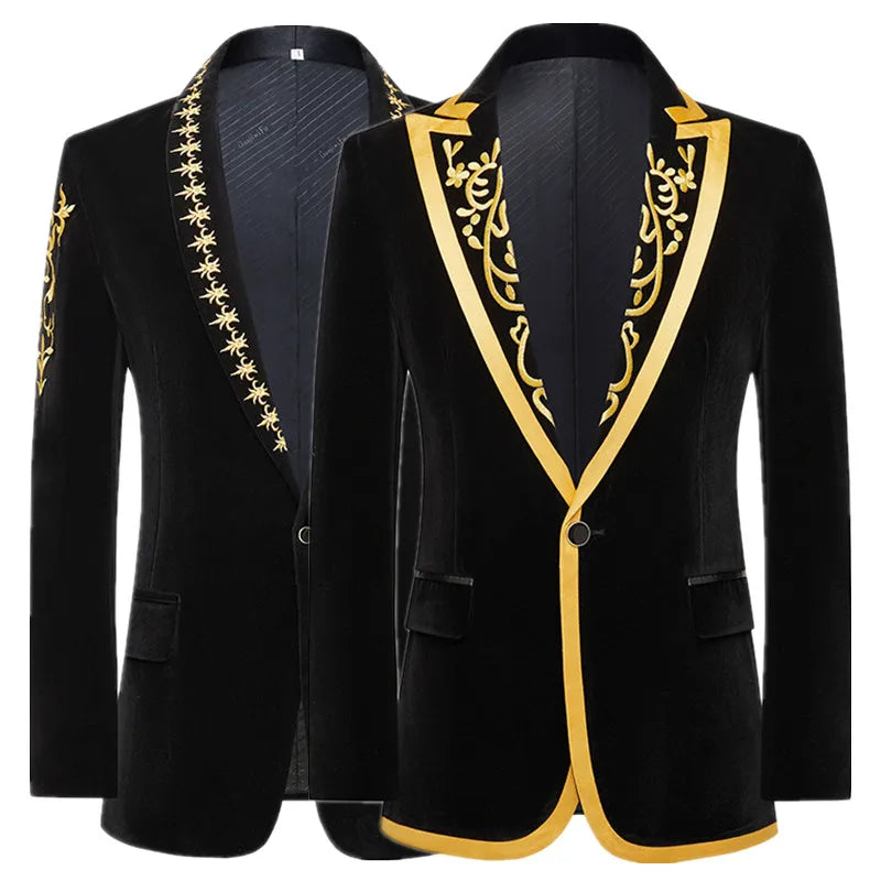 New Men High Quality Golden Velvet Embroidered Suit Slim Fit Jacket Fashion Homme Wedding Prom Party Luxury Dress Blazers