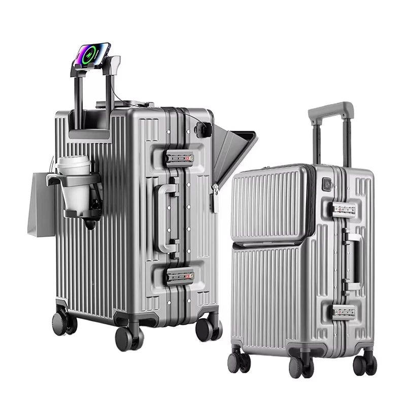 New 20'' Boarding Box Front Opening Suitcase Aluminium Frame 24/27 inch Rolling Luggage with Cup Holder Mobile Phone Holder