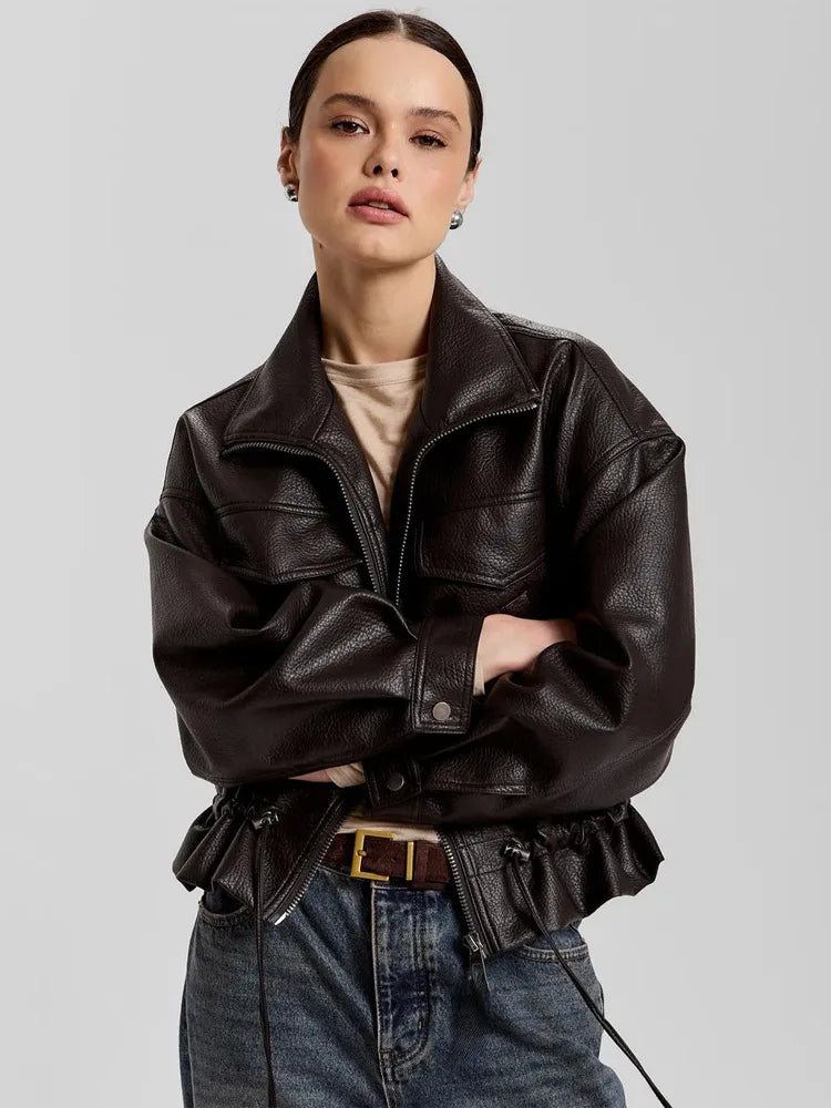 LGRQ Stand‑Collar Long Sleeve Biker Faux Leather Jacket Women Vintage Drawstring Waist Cropped Outerwear 2026 Autumn 19DB3772