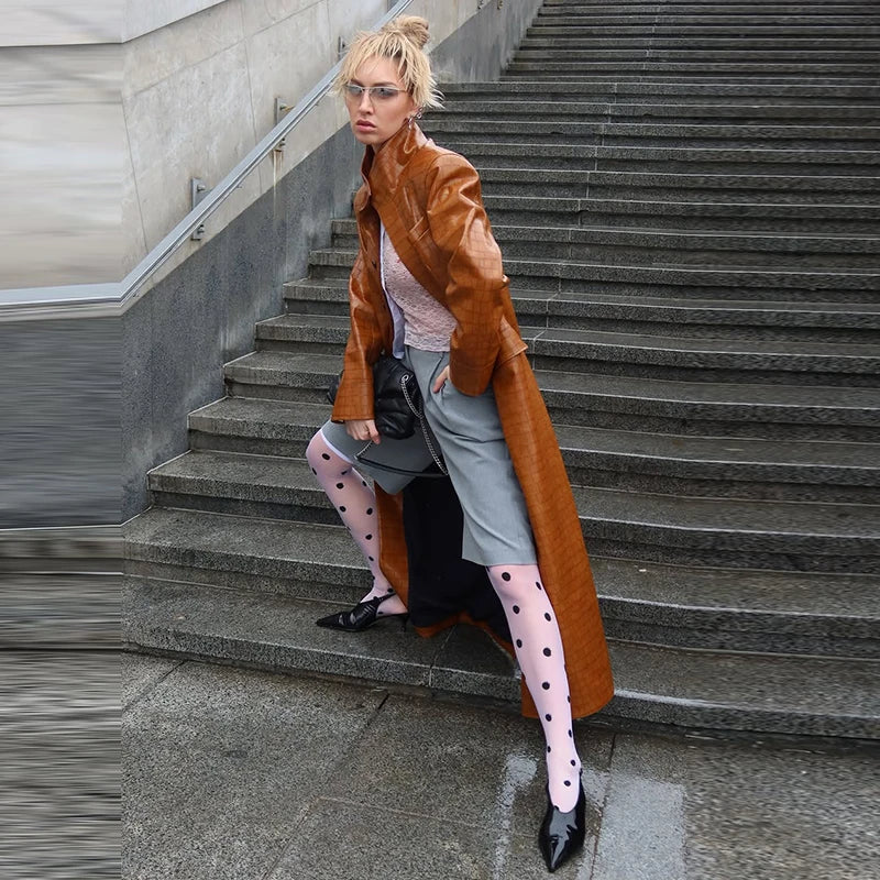 Fashion Croc Pattern PU Leather Women's Jacket Stand Collar Oversize Long Sleeve Chic Coat  2026 Autumn Winter New Daily Wear