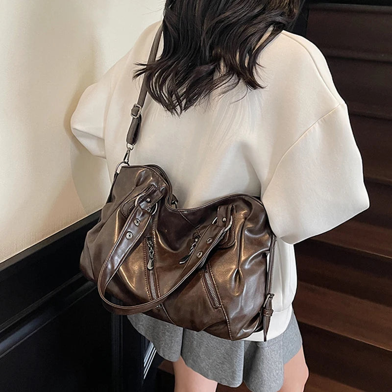 Retro Brand Roomy Shoulder Bag Female Luxury Solid Color Classic Crossbody Bag Large Capacity Style Soft PU Leather Tote Bag