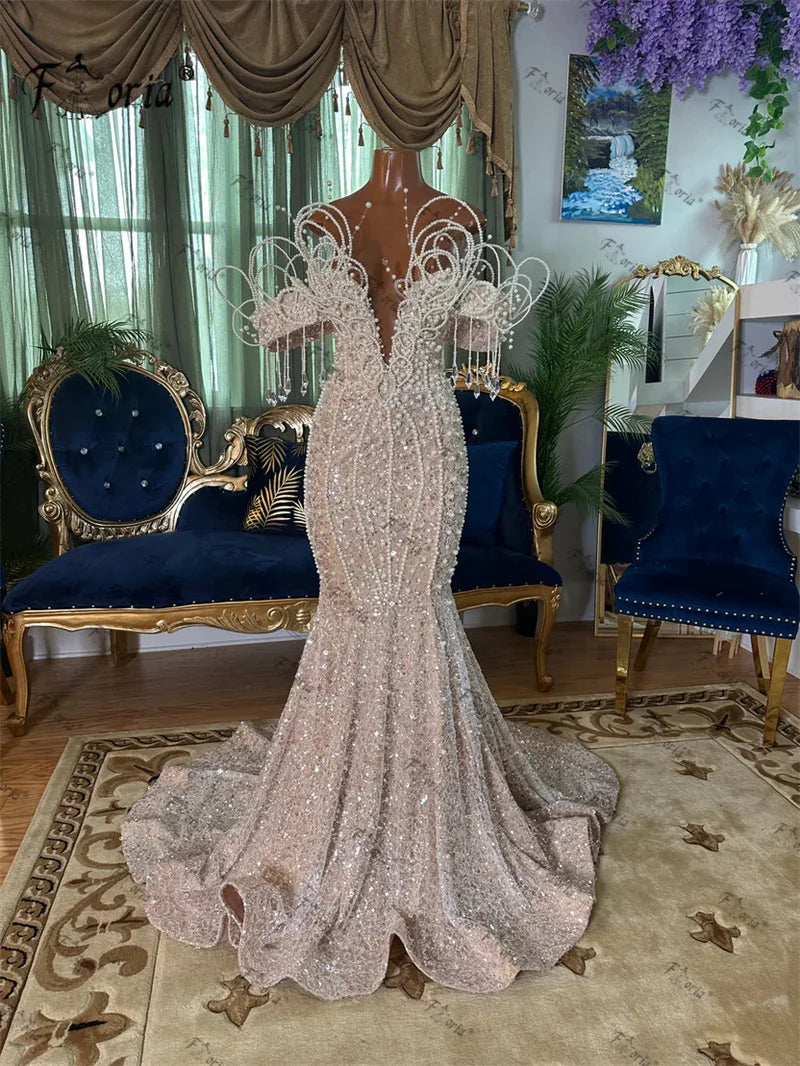 Luxury Ivory Nude Pearls Mermaid Evening Dress Sparkling Sequin Beaded Crystal Tassel Deep V Neck Prom Gown Wedding Dress Gala