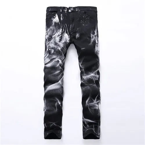 Blue Men's Jeans 3D Digital Print Stretch Denim Pants Blue Black White Trousers Men Fashion Slacks 28-34 36 38 40 42