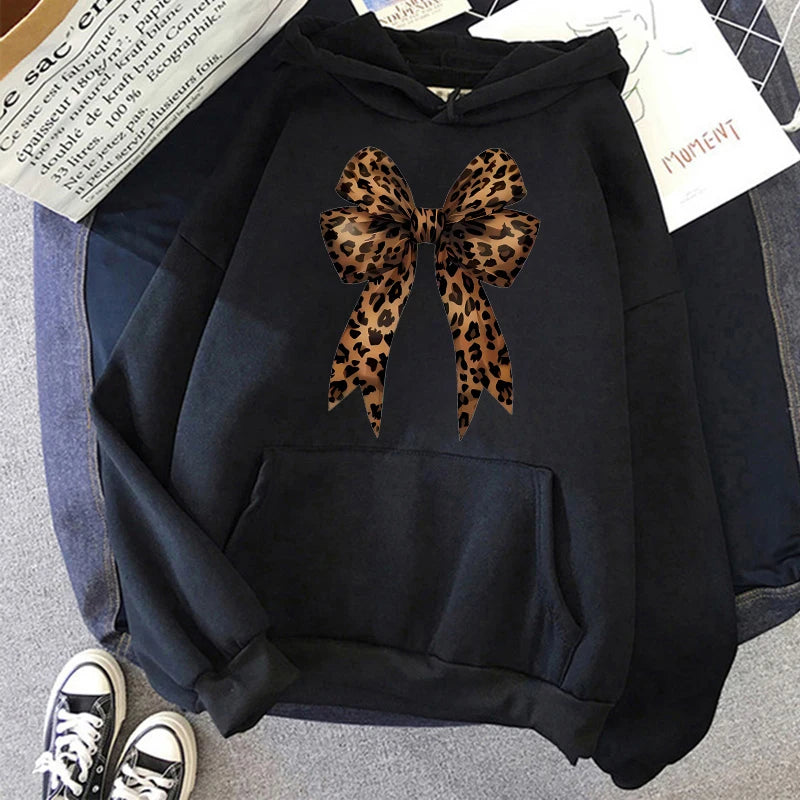 Bow Heart Love Leopard Print Hoodies Long Sleeve Funny Sweatshirts Streetwear Women's Casual Graphic Hooded Pullovers Clothes