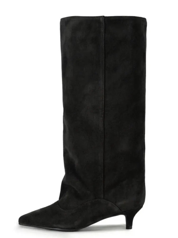 Women's Spring and Autumn New Cat Heel Wide Knee Knee Boots Fashion Pointed Women's Low Heel Mid Heeled Boots