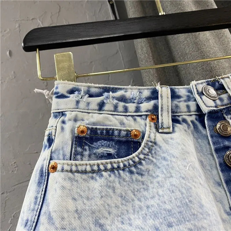 Fashion Denim Shorts Women's Streetwear Bar spicy girl A-line Wide leg Shorts Summer High waisted breasted Fringe Hot Pants