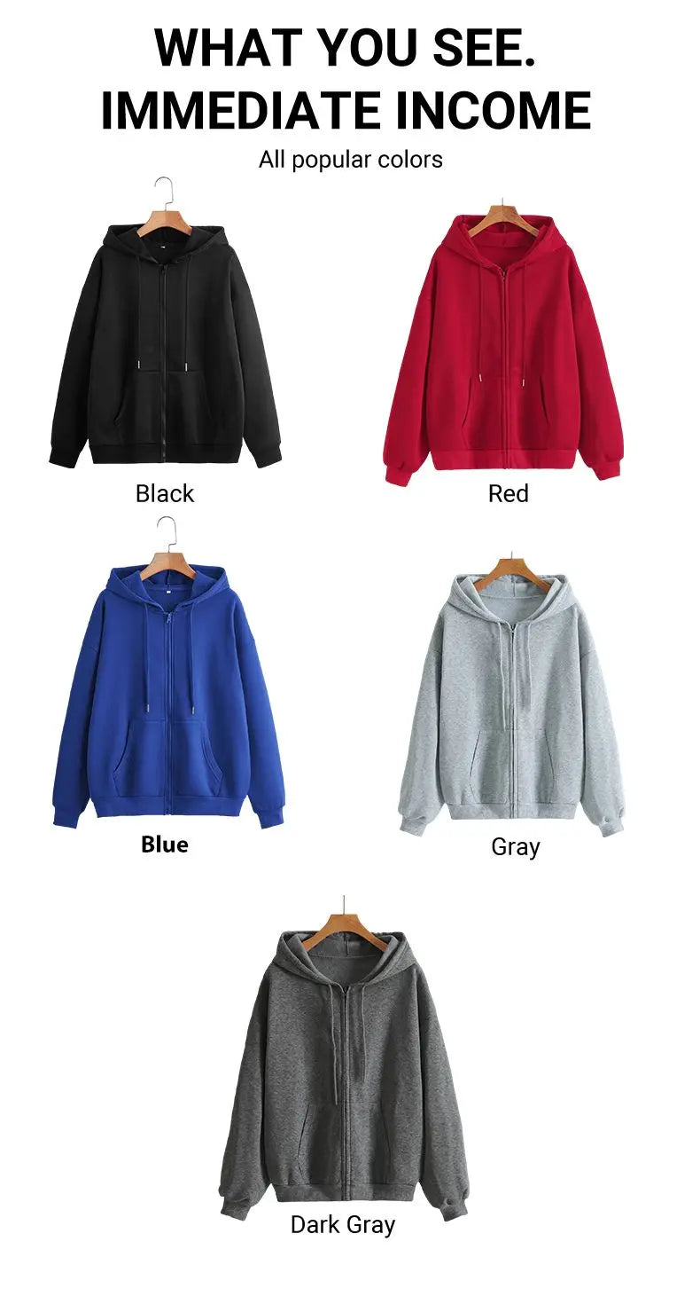 Womens Solid Color Zipper Hoodies Autumn Casual Sportswear Trendy Comfortable Long Sleeved All-Match Pocket Ziop-UP Hoody