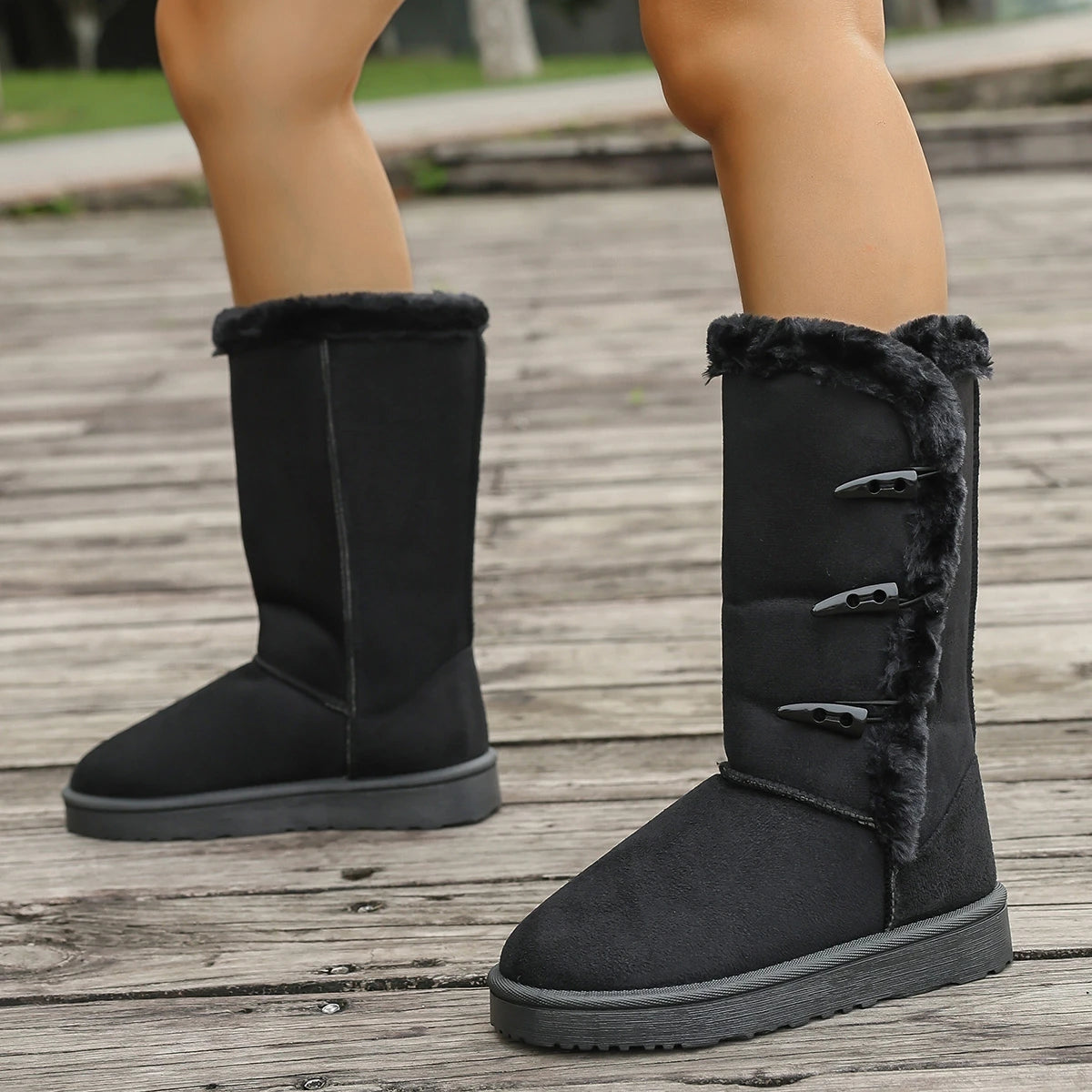 Women Snow Boots Winter Mid-calf Boots Warm Cotton Shoes Fashion Solid Color Button Ladies Brown Long Boots Plus Size 42