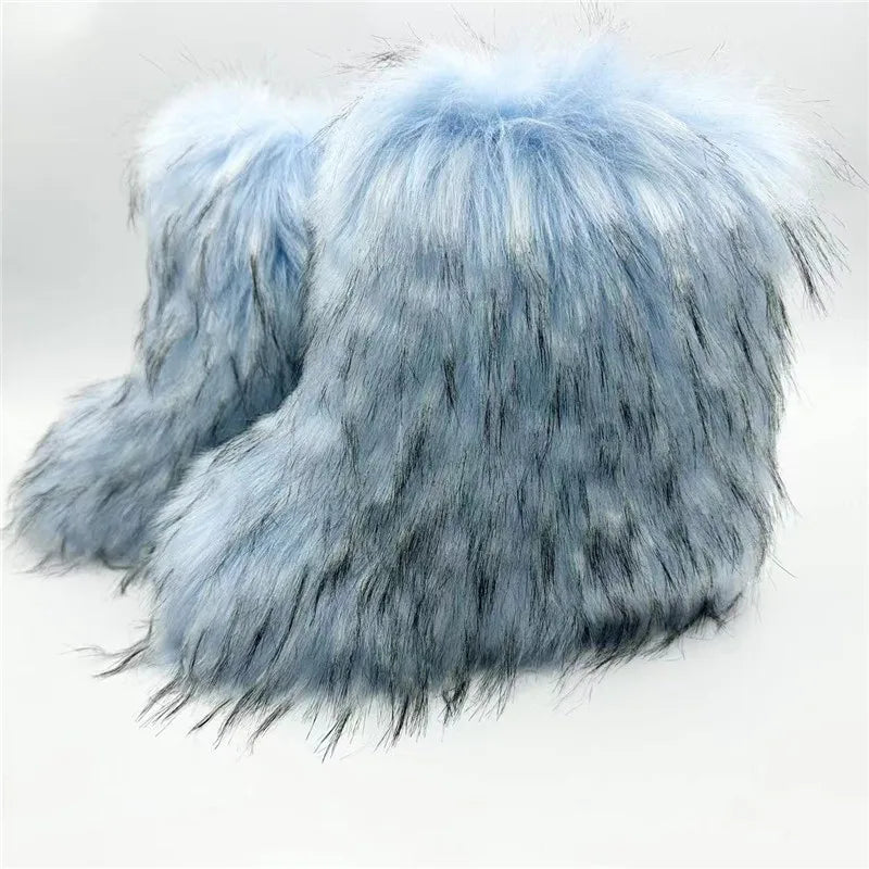 Cute High Quality Faux Raccoon Fox Fur Shibuya Gal Thickened Plus Size Mid-Calf Faux Fur Warm Winter Snow Boots for Women