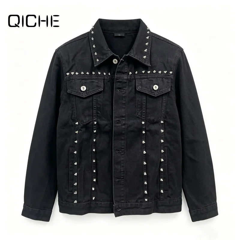 QICHE High‑Street Men Denim Jacket European‑Inspired Heavy‑Weight Rivet Decor Trendy Casual Outerwear