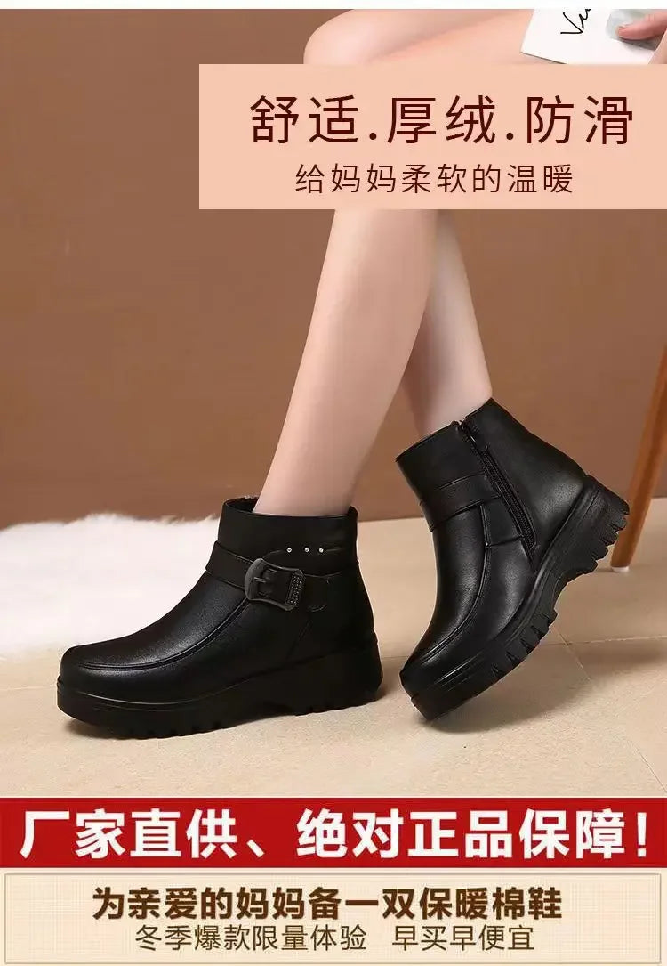 2024 Fashion Winter Women Pu Leather Ankle Boots Female Thick Plush Warm Snow Boots Mother Waterproof Non-slip Booties