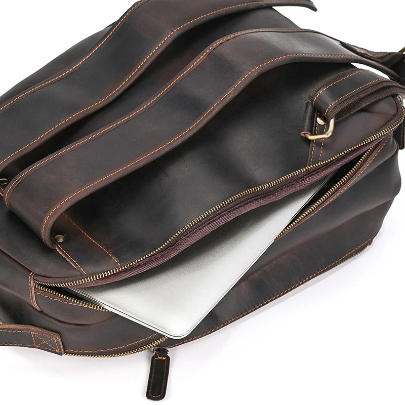 Luufan Men's Retro Crazy Horse Leather Backpack Brown Genuine Leather Rucksack Brown 14 Inch Laptop School Bag