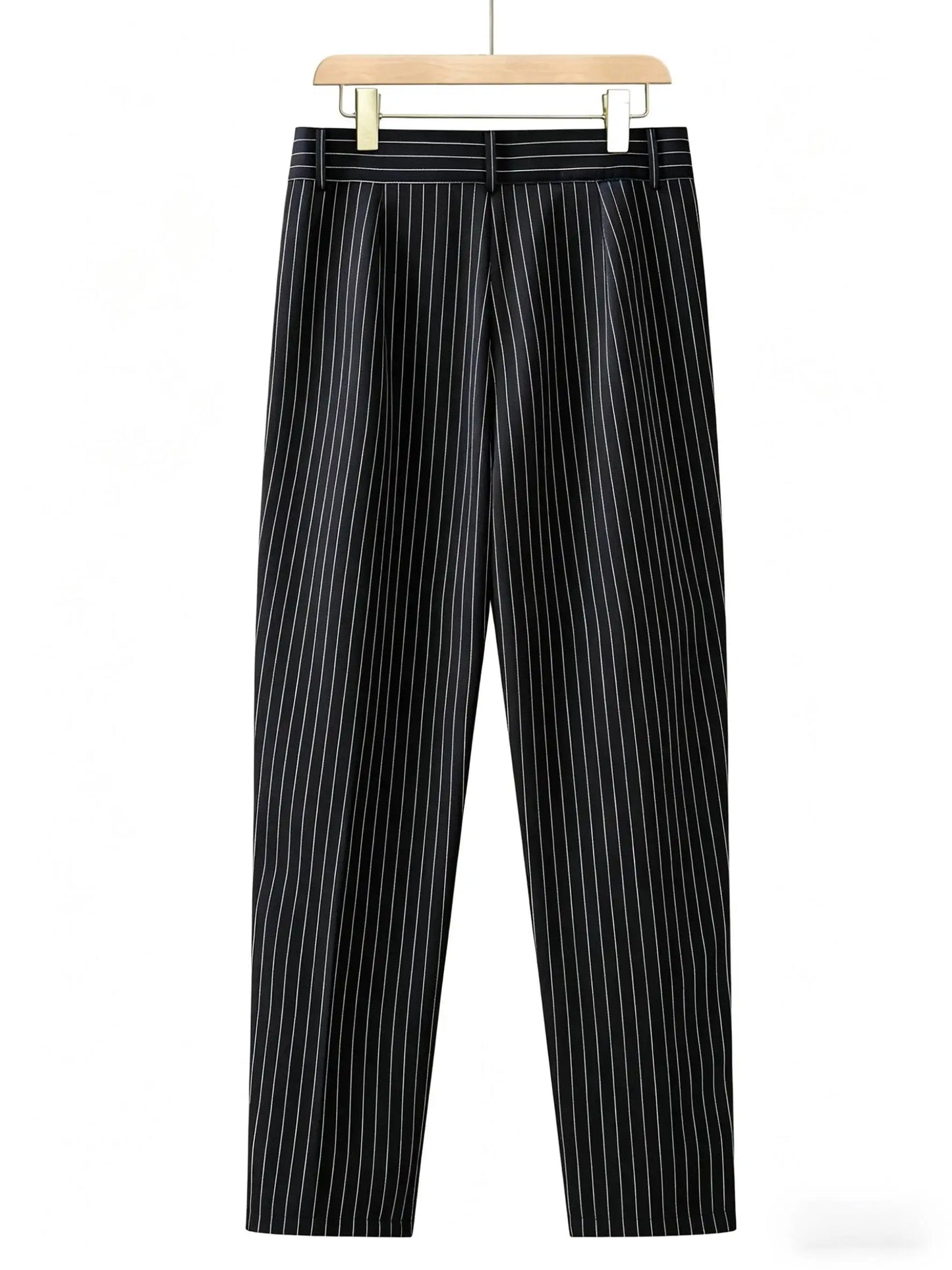 Luxury Black Base White Thin Vertical Pinstripe Men Suit Pants, High Waist Wrinkle Resistant Drape Slim Fit Ankle Trousers, Vers