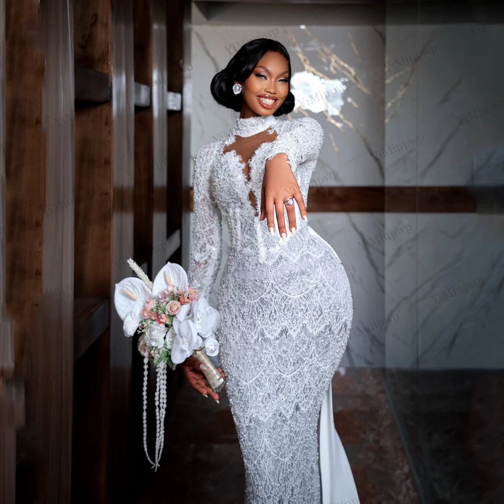 Luxury Mermaid Wedding Dresses for Africa Bride Long Sleeves Sweep Train Lace Pearls Sequined Bridal Reception Gowns Customized