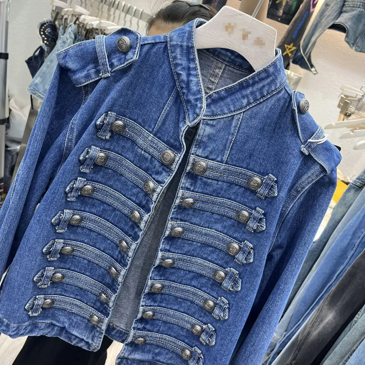 Vintage Denim Military Jacket Women Retro Solid Round Neck Single Breasted Slim Short Jackets 2026 Lady Daily Street Outerwears
