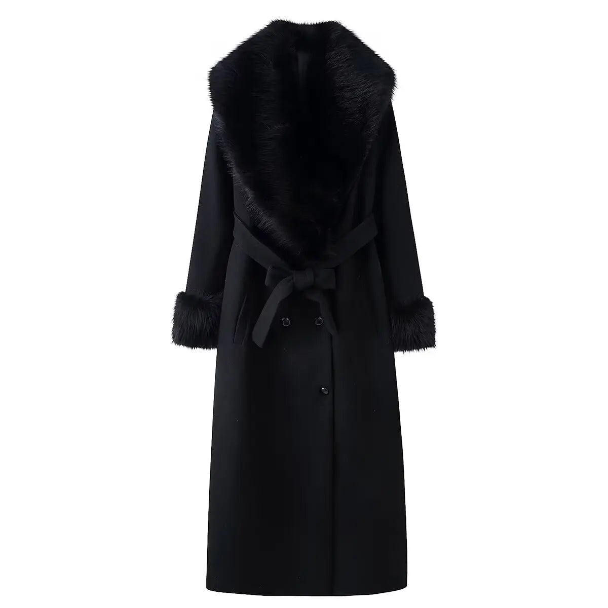 HH Winter Women Elegant Fur Collar Pockets Woolen Long Coat Female Temperament Warm Lapel Long Sleeve Double-breasted Belt Jacke