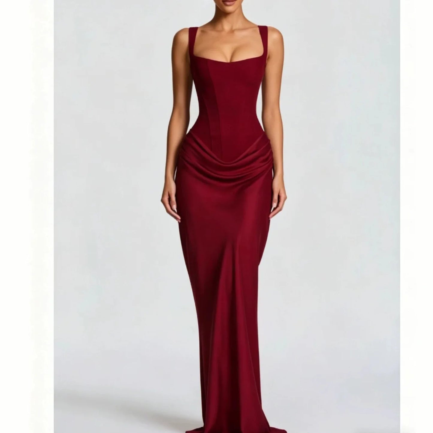 Ladies' formal square neck sleeveless waist cinching design with pleated fish tail long skirt for dinner party slimming dress