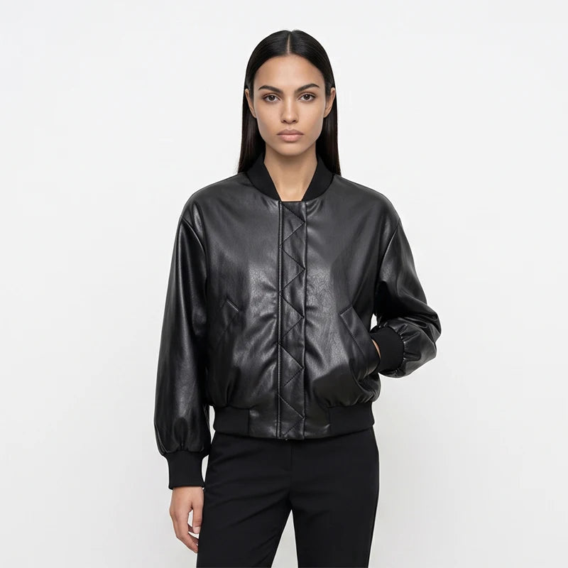  Women's Faux Leather Bomber Jacket Black Stand Collar Cropped Loose Vintage Outerwear 2026 Autumn Lady Street Chic Casual Coat