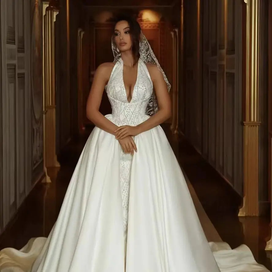 Customized Satin Formal A-Line Sexy V-neck Delicate Wedding Dress Bridal Party Luxury Sequined High Quality Bridal Gowns