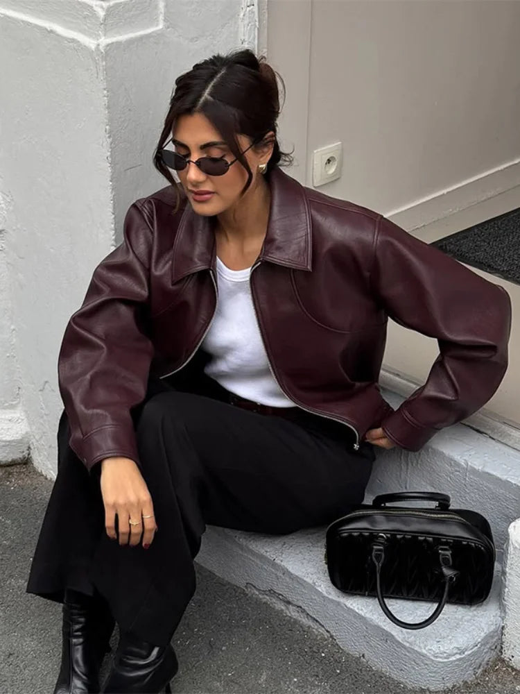 Women Chic Brown Leather Jacket With Belt Chic Full Sleeve Laple Zipper Short Coats 2026 Autumn New Ladies Street Biker Jackets