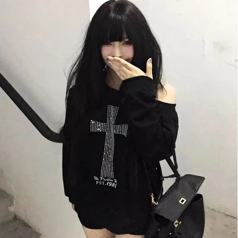 Seeslim Cross One-shoulder Graphic Hoodies Long Sleeve Black Women's Sweatshirts Harajuku Grunge 2000s Clothes Y2k Autumn Tops
