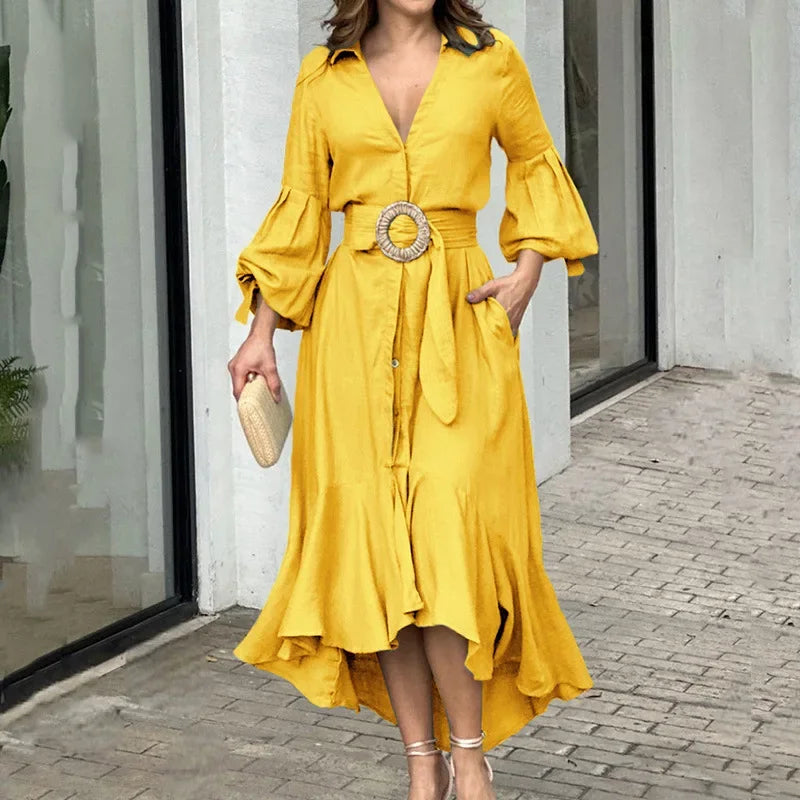 Elegant Dresses for Women Fashion Solid Lantern Sleeve Ruffle Hem Pocket Design Belt Maxi Dress Office Ladies Temperament Dress