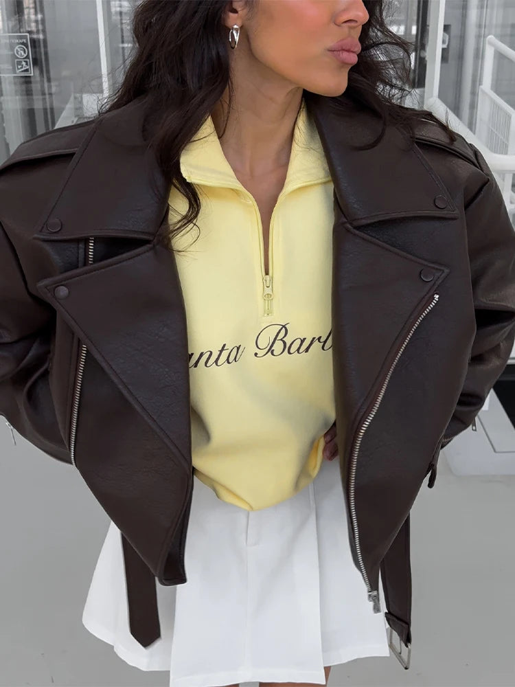 Women Chic Brown Leather Jacket With Belt Chic Full Sleeve Laple Zipper Short Coats 2026 Autumn New Ladies Street Biker Jackets