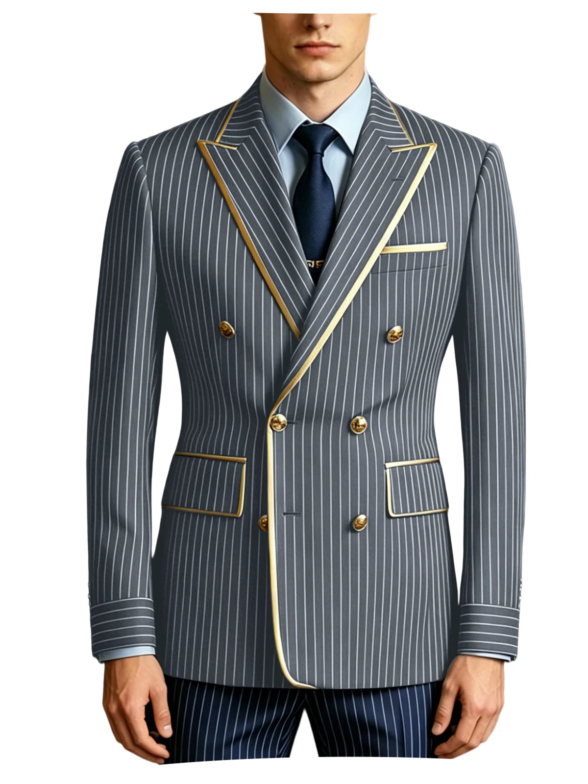 Men's Double Breasted Pinstripe Blazer Slim Fit Formal Business Suit Jacket Luxury Gold Trim  Tuxedo for Wedding Party Office