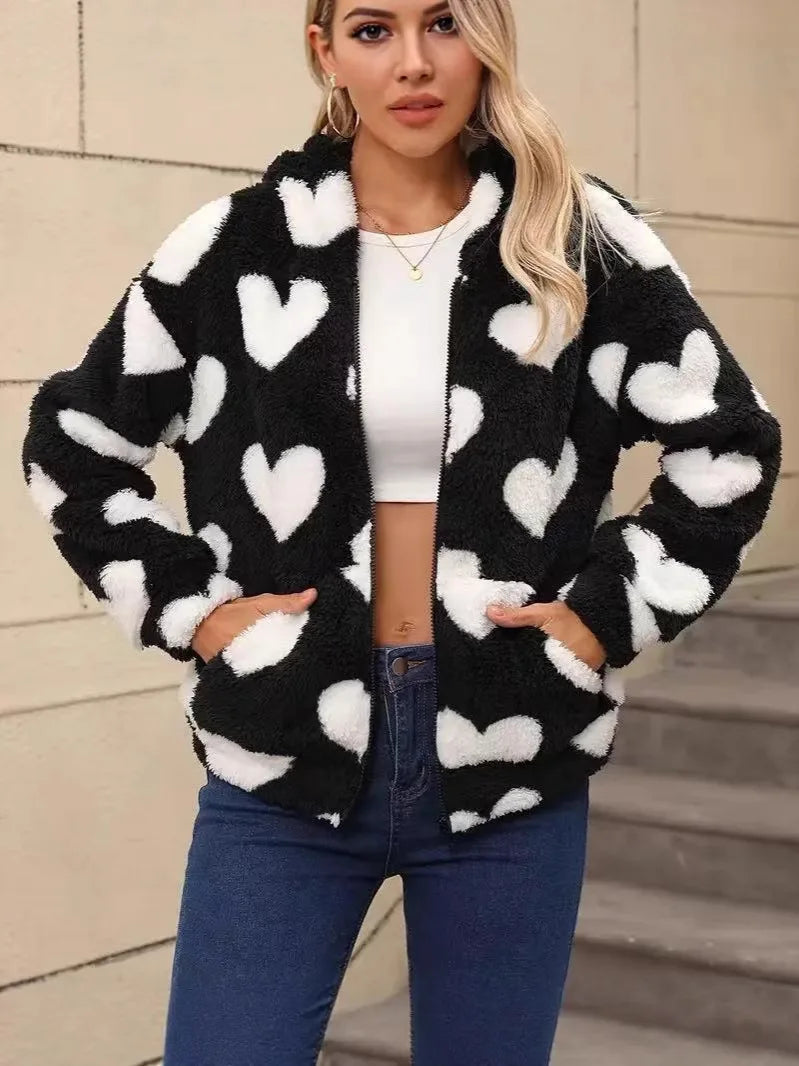 VigoCasey 2026 Women Autumn Print Hooded Jacket Zipper Long Sleeve Thick Plush Warm Coat Winter Lady Casual Pocket Short Coat