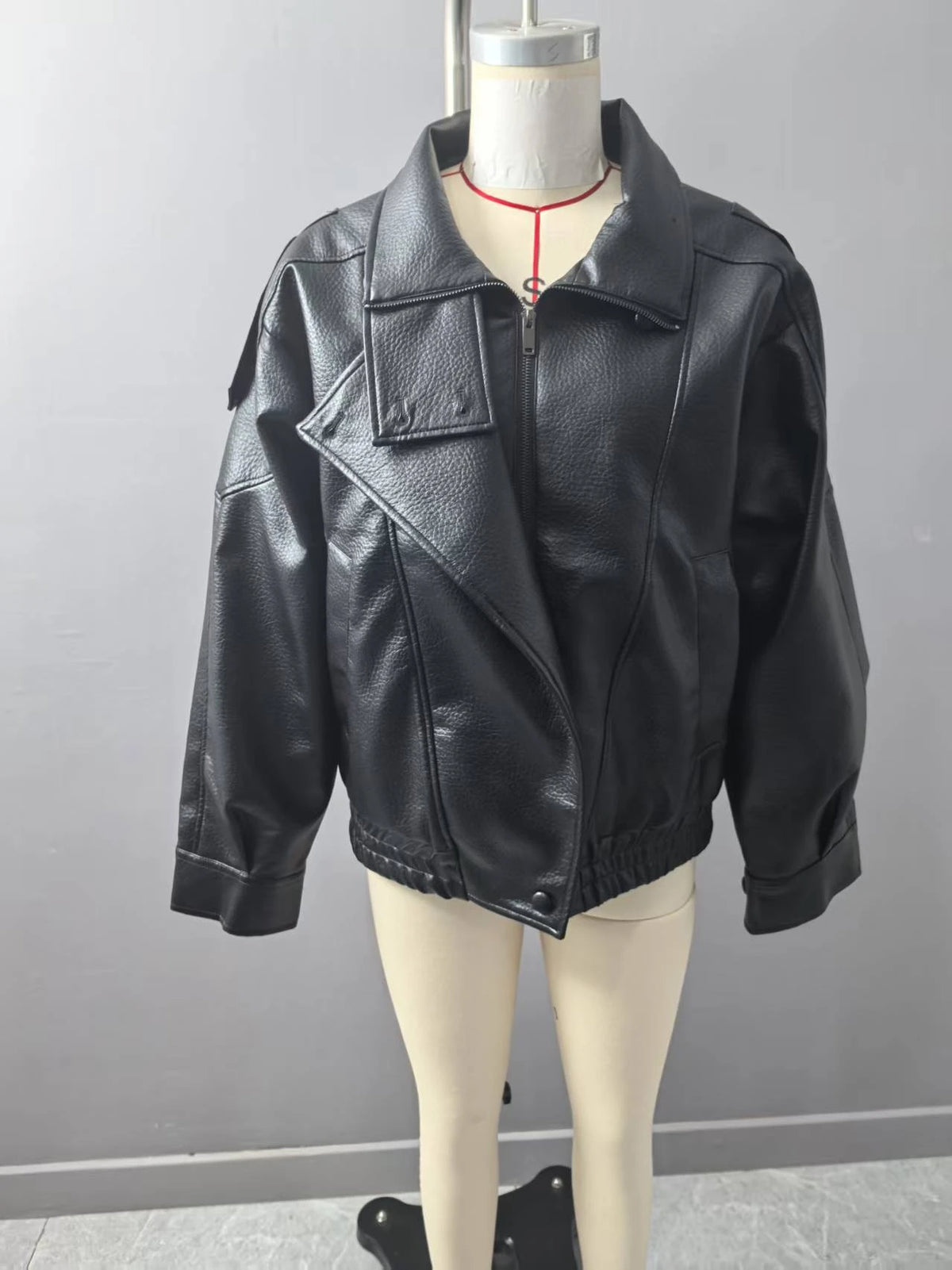 Women's Jacket New Black Long Sleeve Faux Leather Jacket Motorcycle Style Personality Fashion button and Zipper closure traf