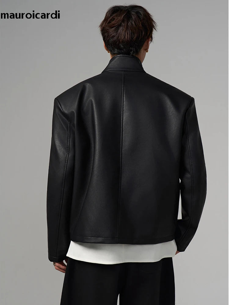 Mauroicardi Spring Autumn Cool Short Black Pu Leather Jacket Men Shoulder Pads Stand Collar Luxury Designer Fashion Clothes 2026