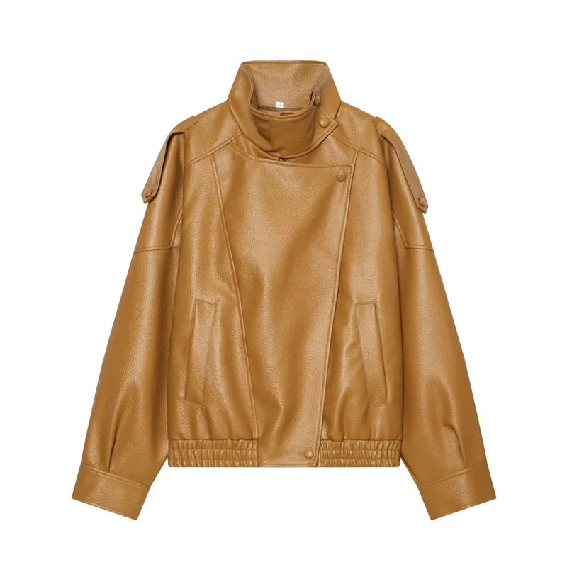 Women's Jacket 2026 Autunm  New Black Long Sleeve Pebble Faux Leather Jacket Motorcycle Style Personality Fashion