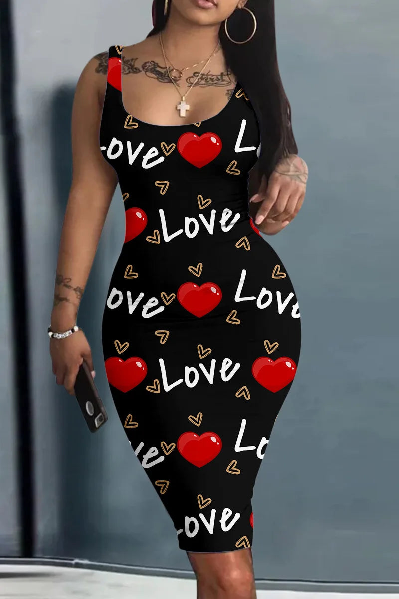 Платье Женское Plus Size Summer Women's Dress Large Size Contrast Heart Print U-Neck Sleeveless Casual Bodycon Mini Dresses