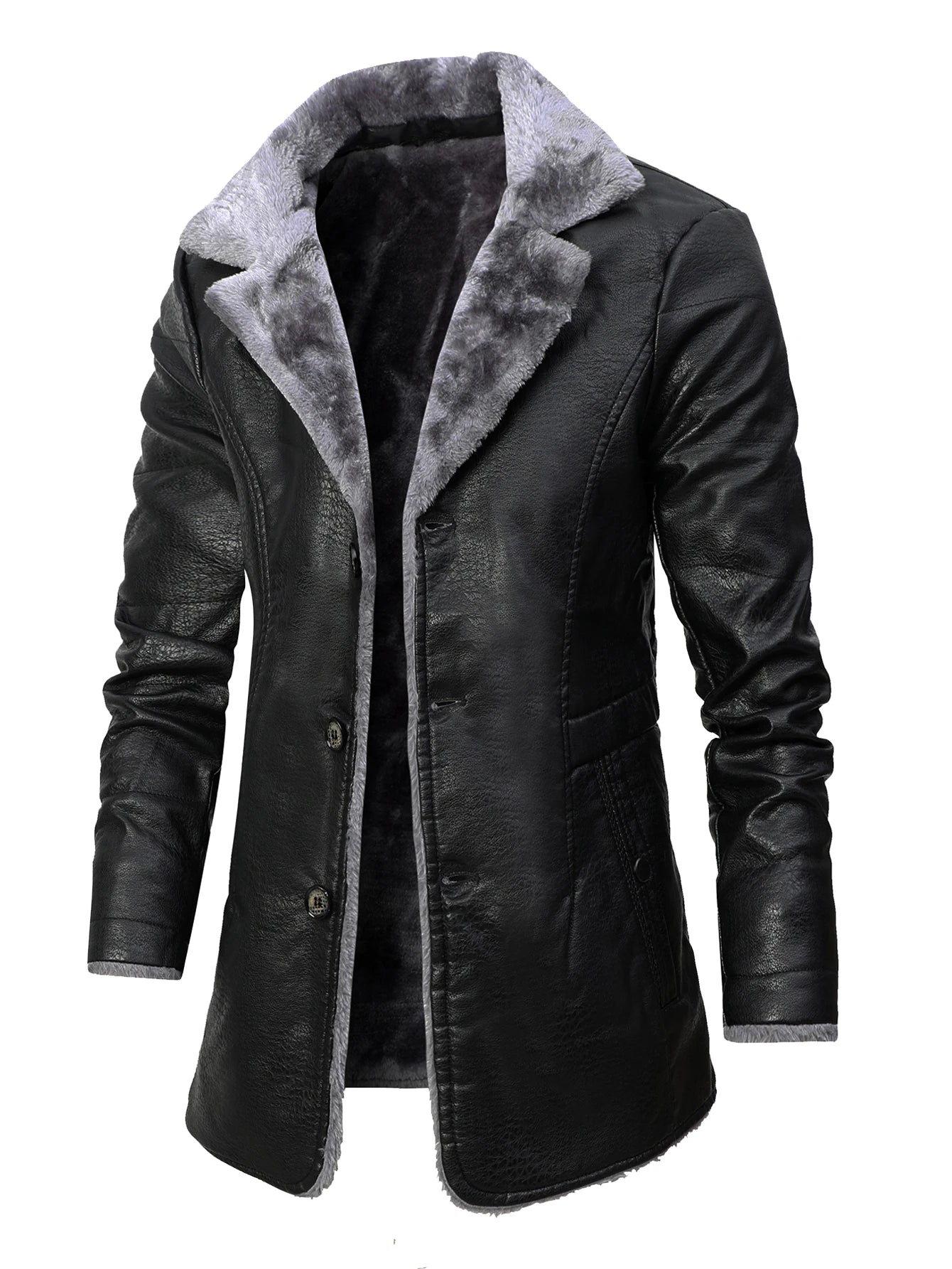 Men's Medium and Long PU Leather Jacket, Business Velvet Lapel Blazer, Single-Breasted Vintage Design Jacket