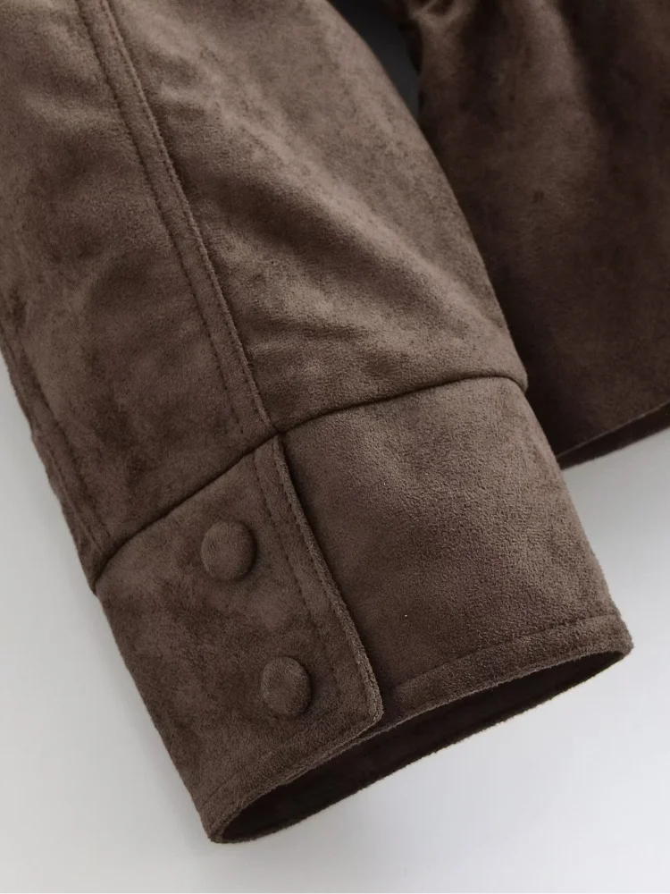 Women Brown Faux Suede Short Jacket Tie‑waist Long Sleeve Vintage Streetwear 2026 Lady New Autumn Winter Casual Outerwear Coat