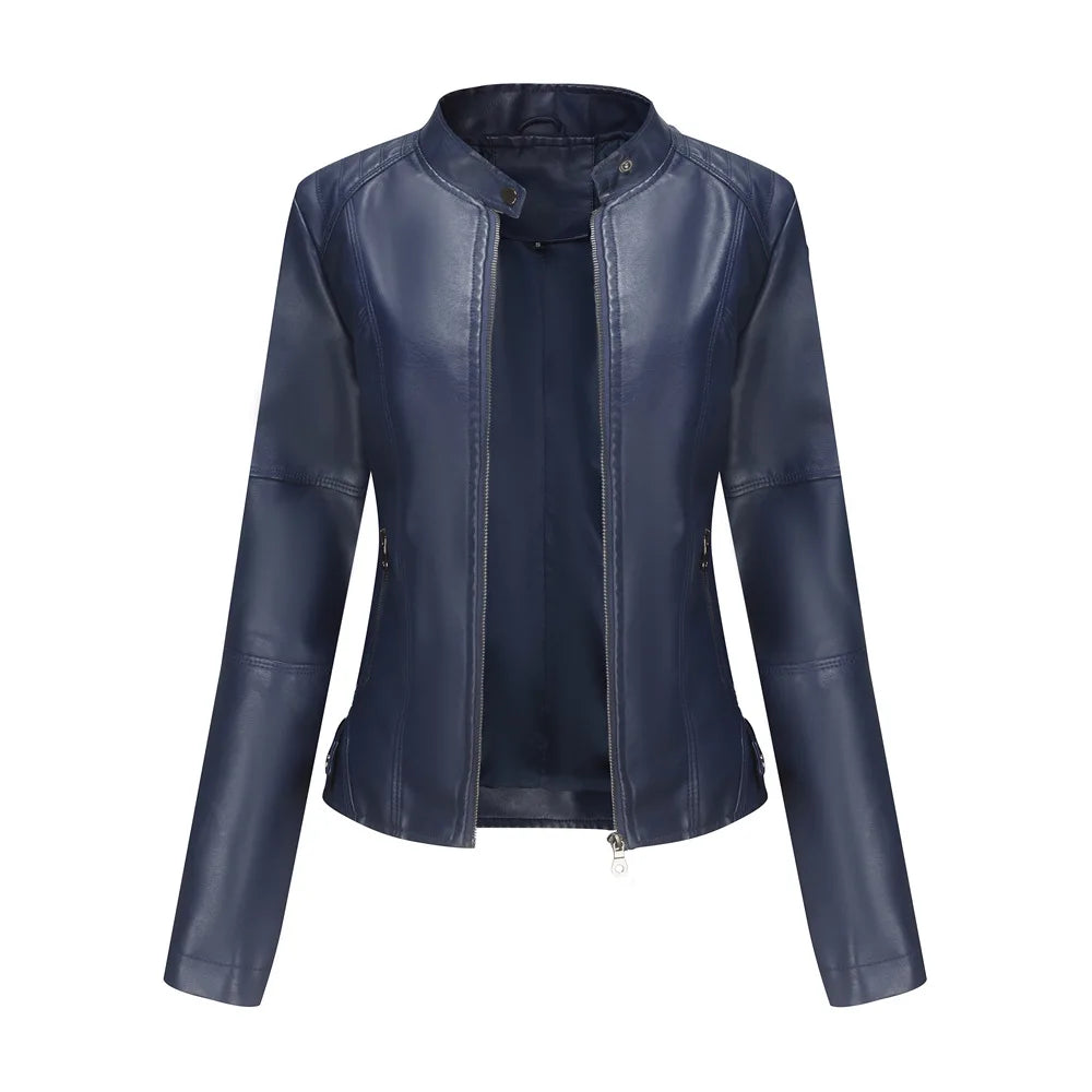 Women's Leather Jacket Women's Slim-Fit Jacket Thin Autumn Jacket Women's Biker Jacket Large Size Standing Collar Leather Jacket