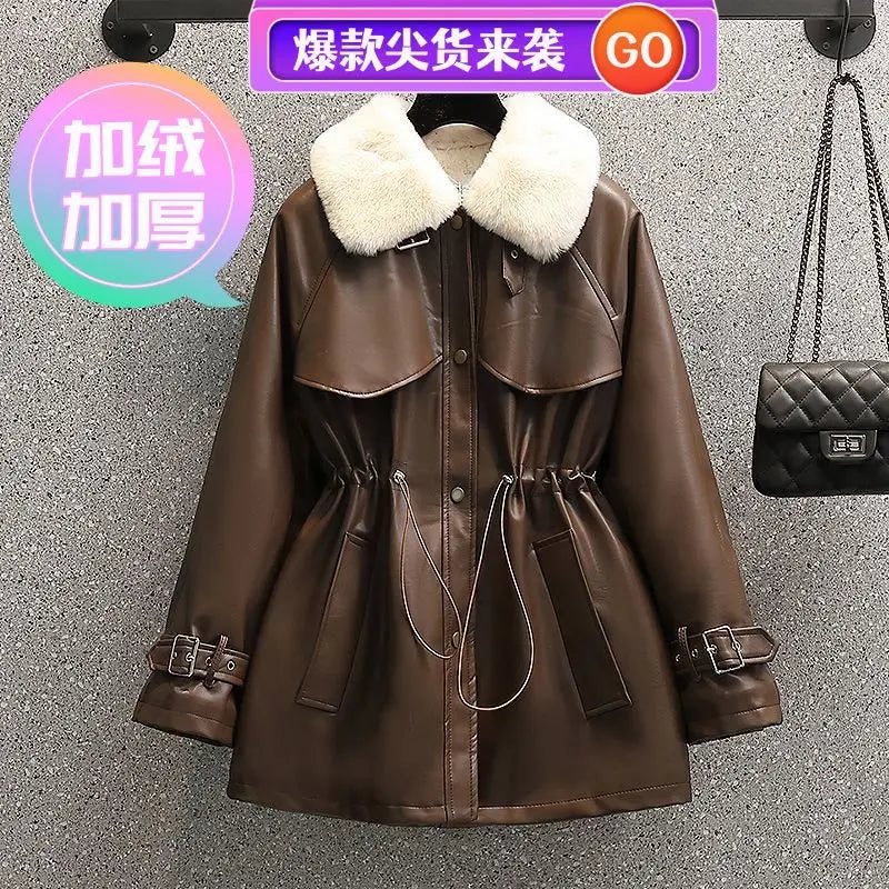 2026 Winter Age Reduction with Thick Velvet Loose Stand up Collar Motorcycle Wear PU Leather Jacket Long Sleeve Coat for Women