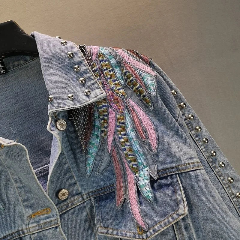2026 New AutumnFashion Rivet Woman Denim Jacket Long Sleeve Female Jackets Jeans Coat Beading Tassel Denim Coat Outerwear