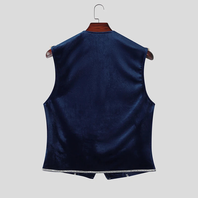 INCERUN Men's Vests Velour Patchwork Lapel Sleeveless Button Male Waistcoats Elegant Streetwear Fashion Casual Vests For Man