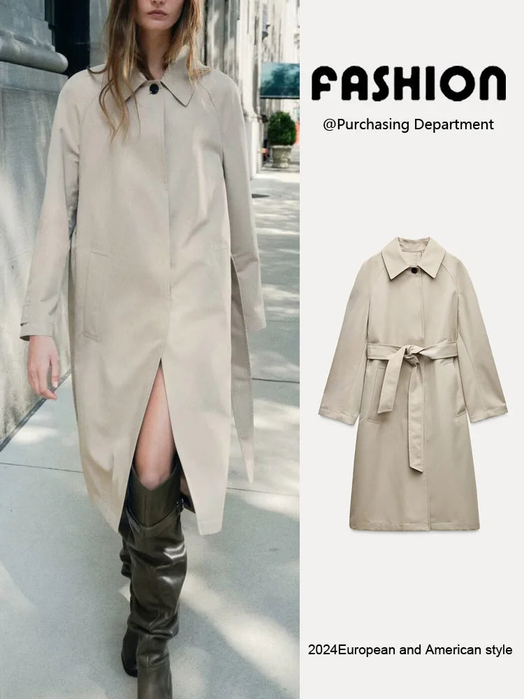 Spring New Arrival Women's Ele Long Sve Windbreaker with Belt Slimming Design Simple Collar Coat Commute Sle Regular...