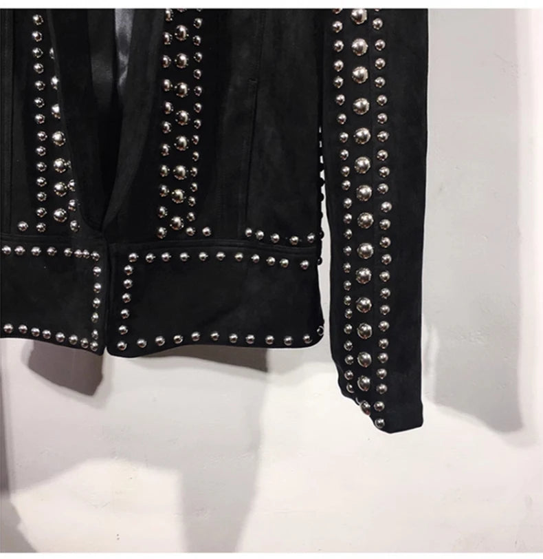 Mauroicardi Spring Autumn Cool Studded Short Black Faux Suede Leather Jacket Men Luxury Designer Emo Night Club Wear Clothes