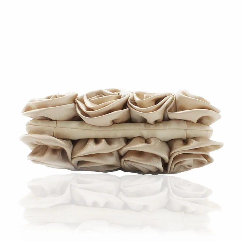 Satin Flower Clutch Bags For Women Banquet Party Evening Bags Metal Handbags Retro Blue Silver Black Chain Shoulder Bag female