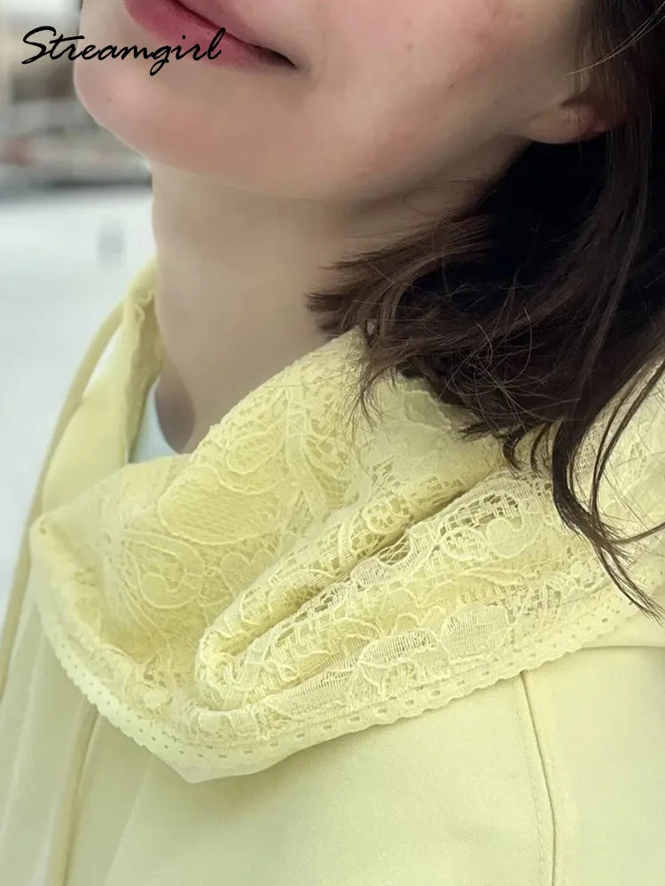Streamgirl Brown Hoodies With Lace Women Oversize Plain Spring Elegant Butter Yellow Hooded Sweatshirts For Women Oversized